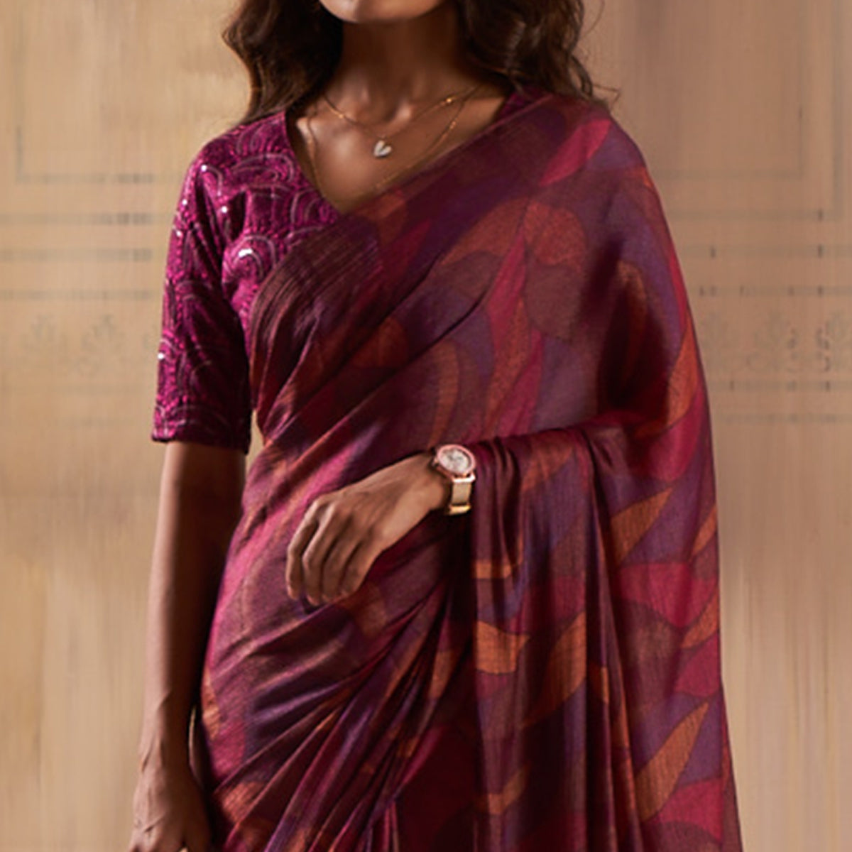 Magenta Printed Nylon Saree With Tassels