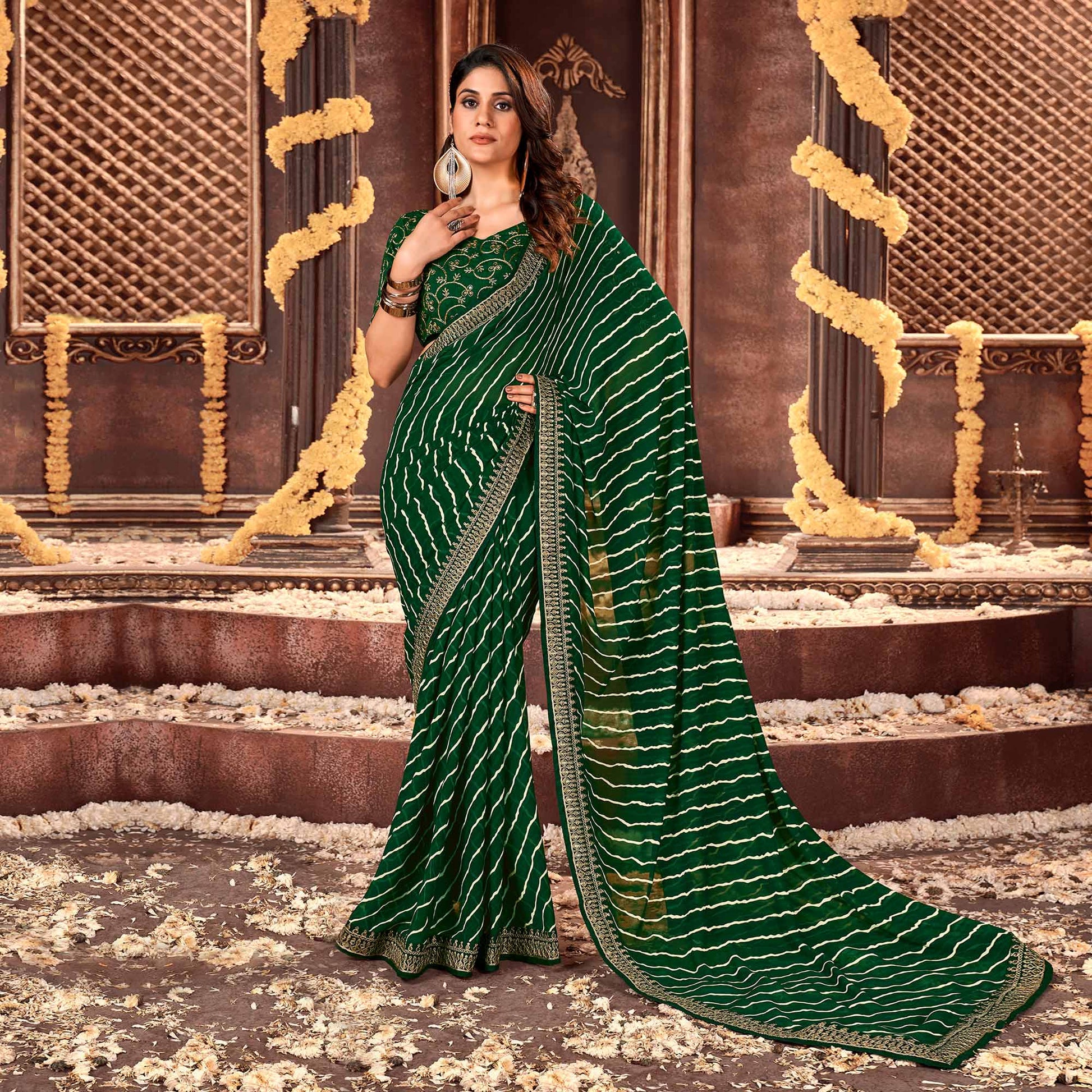 Bottle Green Striped Printed Georgette Saree