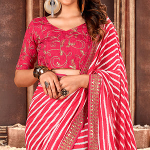 Gajri Pink Striped Printed Georgette Saree