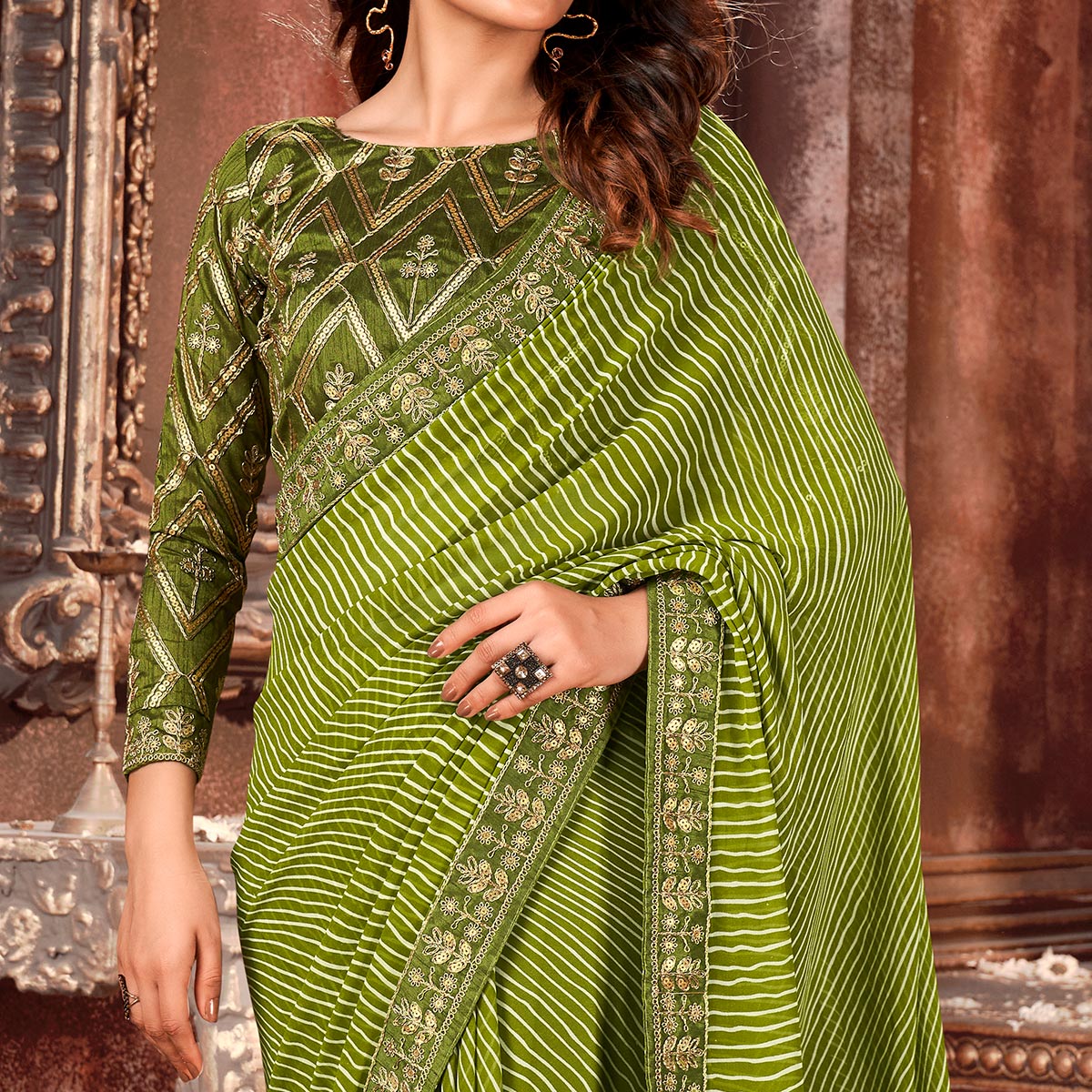 green-striped-printed-georgette-saree-2