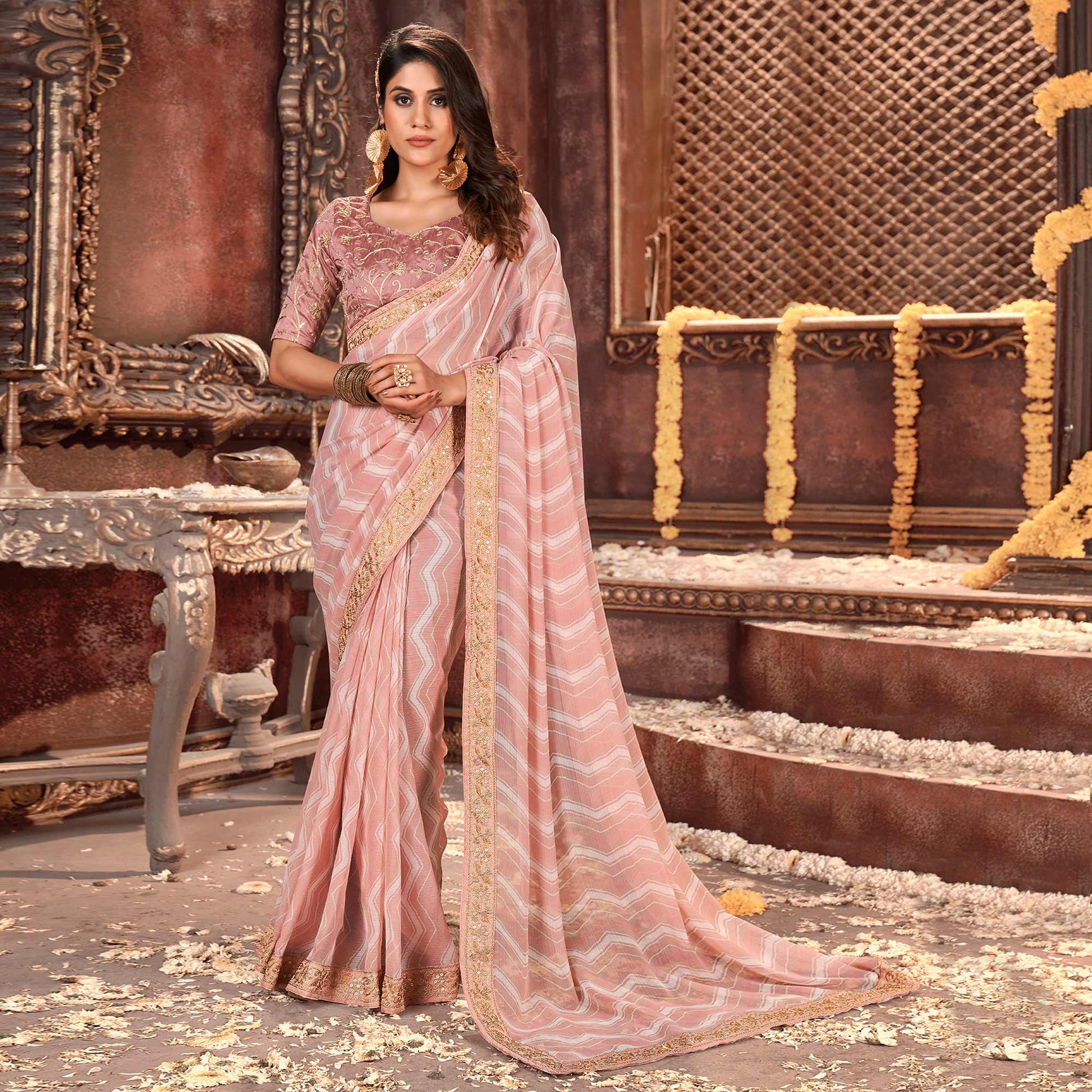 Mauve Striped Printed Georgette Saree