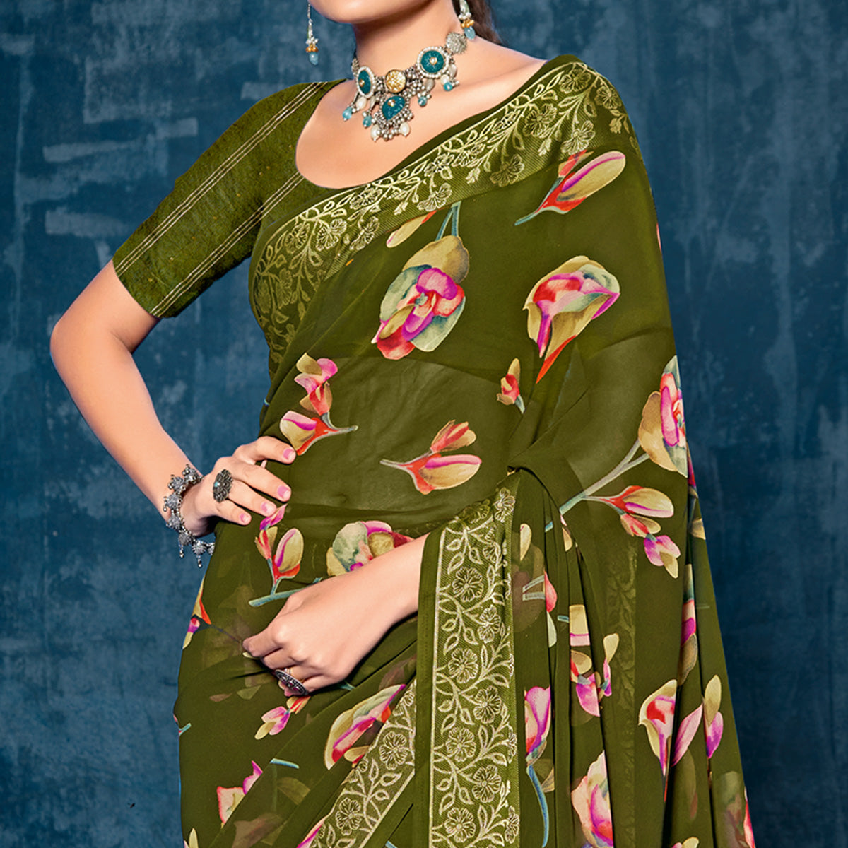 green-floral-printed-georgette-saree-with-viscose-border