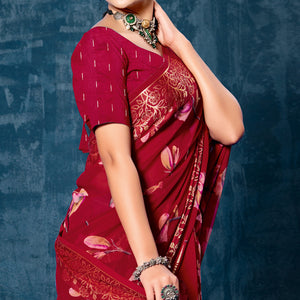 Maroon Floral Printed Georgette Saree With Viscose Border
