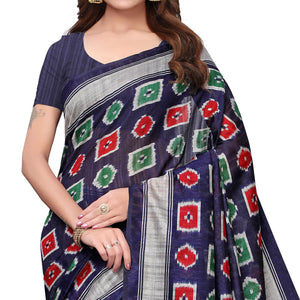 Flirty Navy Blue Colored Casual Wear Printed Bhagalpuri Silk Saree
