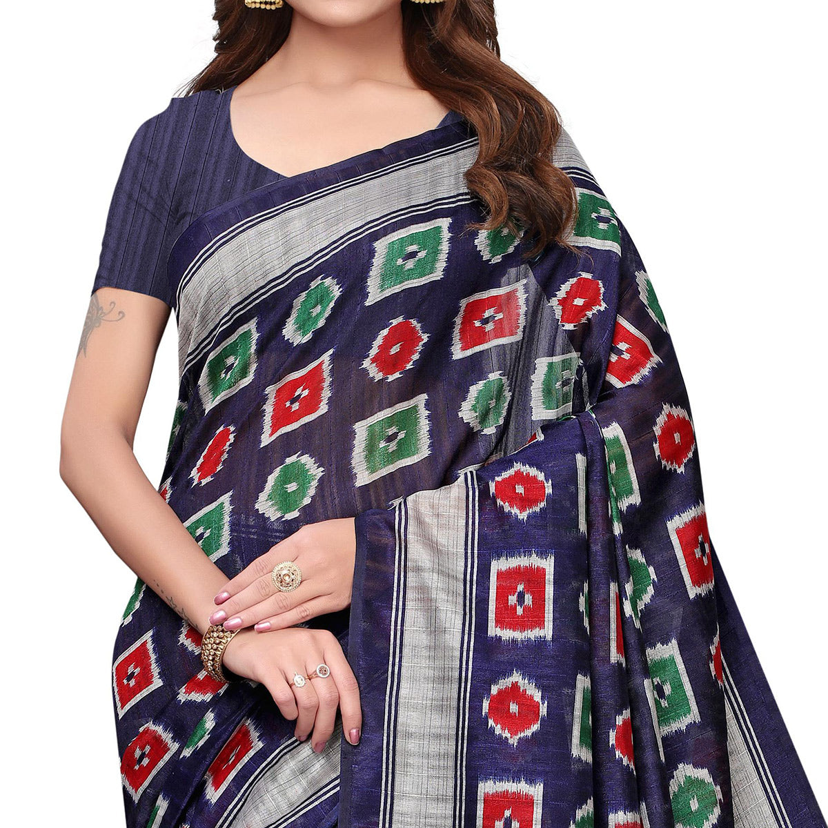 Flirty Navy Blue Colored Casual Wear Printed Bhagalpuri Silk Saree