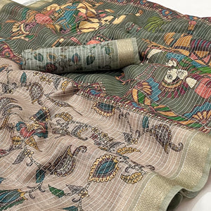 Brown Digital Printed Linen Saree