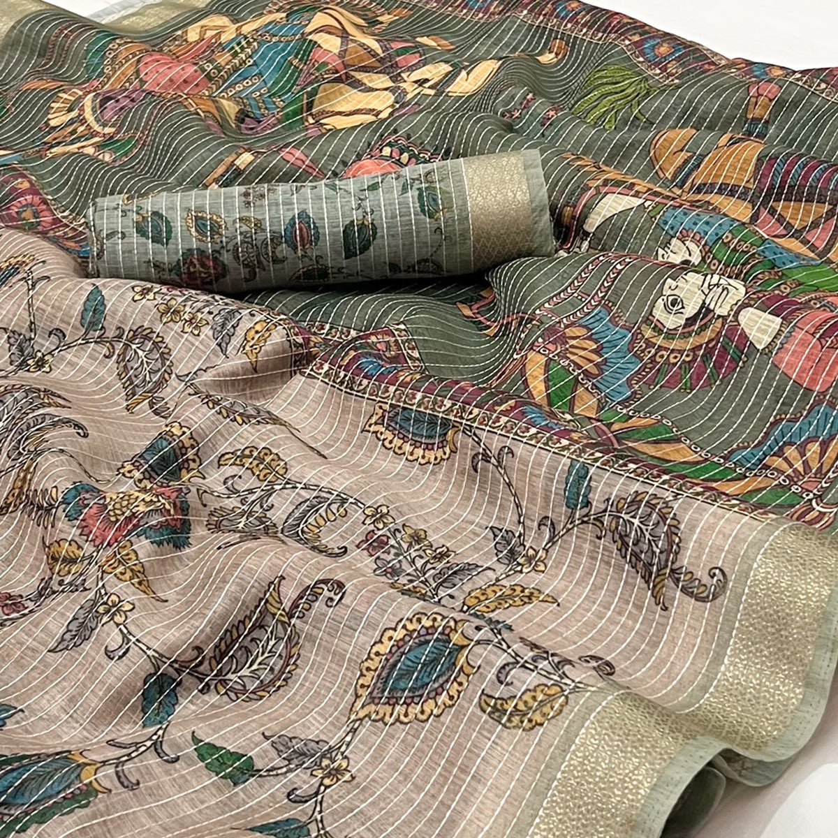 Brown Digital Printed Linen Saree