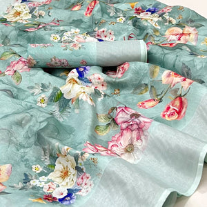 Mint Green Floral Digital Printed Cotton Silk Saree