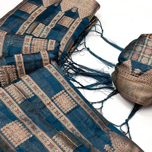 Blue Woven Cotton Blend Saree With Tassels