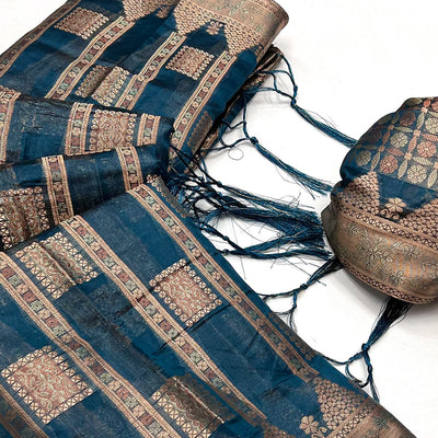 Blue Woven Cotton Blend Saree With Tassels