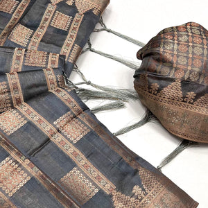 Grey Woven Cotton Blend Saree With Tassels