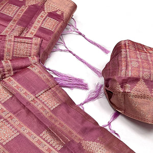Mauve  Woven Cotton Blend Saree With Tassels