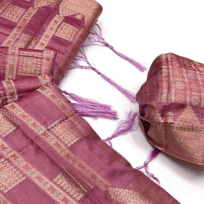 Mauve  Woven Cotton Blend Saree With Tassels