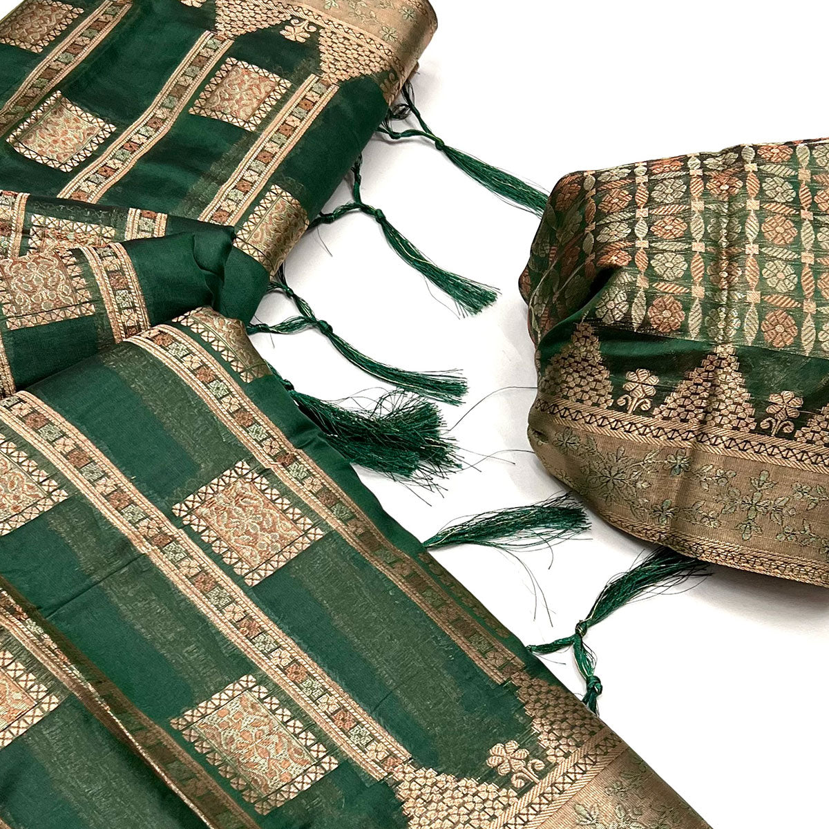 green-woven-cotton-blend-saree-with-tassels