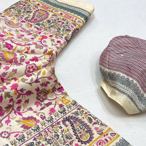 Cream & Pink Floral Printed Pashmina Saree