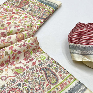 Cream & Red Floral Printed Pashmina Saree