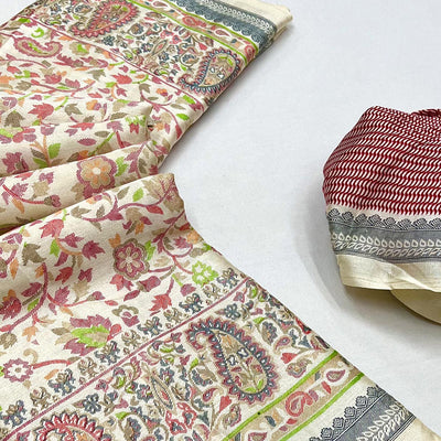 Cream & Red Floral Printed Pashmina Saree