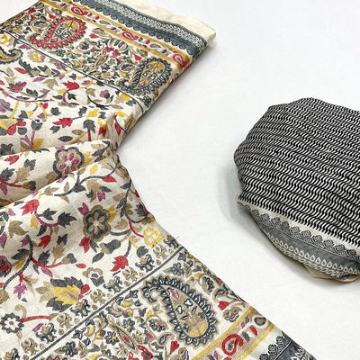 Cream & Grey Floral Printed Pashmina Saree