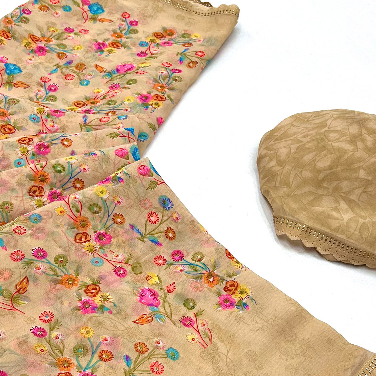 Chikoo Floral Printed Georgette Saree