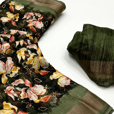 green-floral-printed-cotton-blend-saree