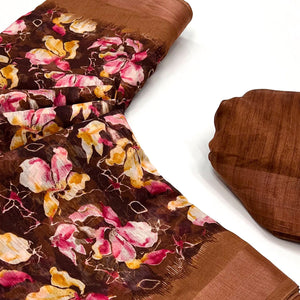Brown Floral Printed Cotton Blend Saree