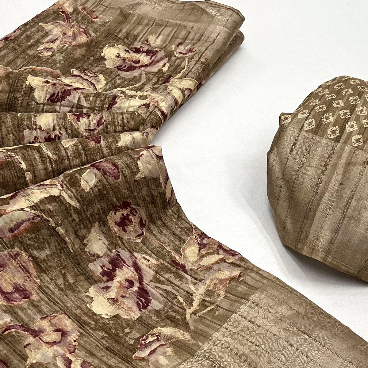 Chikoo Printed With Woven Border Cotton Blend Saree