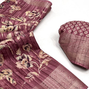 Mauve Printed With Woven Border Cotton Blend Saree
