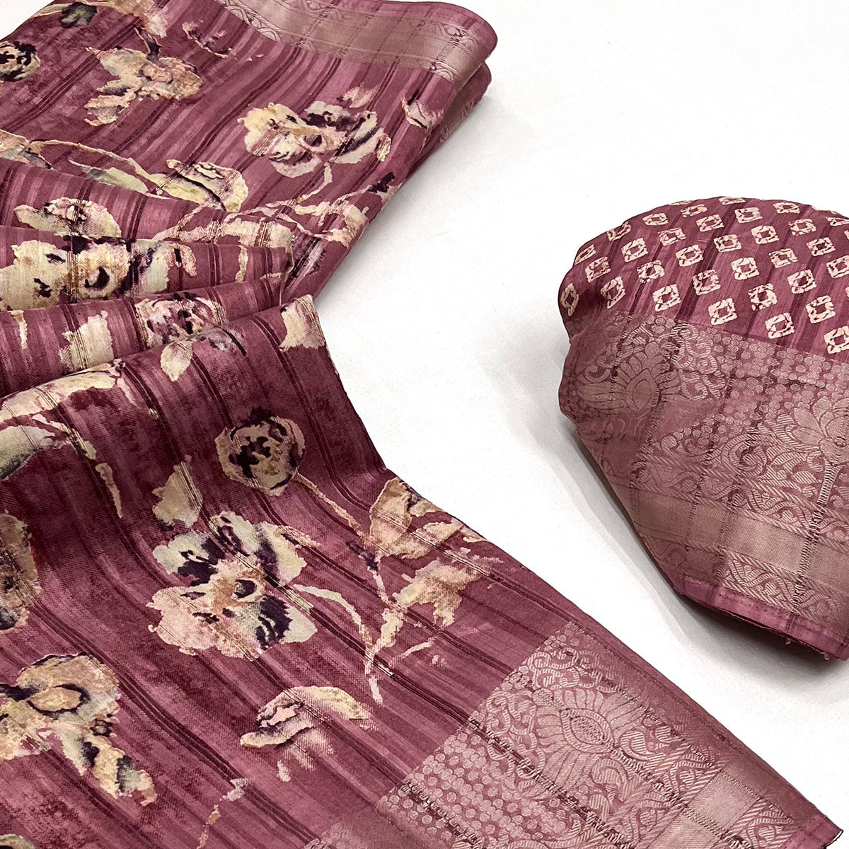 Mauve Printed With Woven Border Cotton Blend Saree