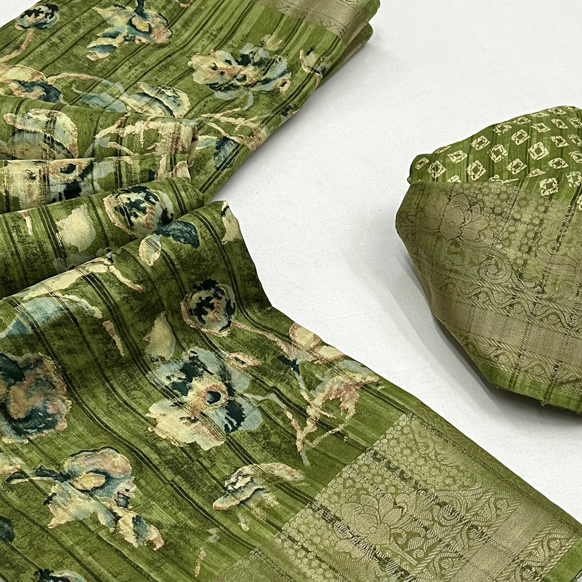 green-printed-with-woven-border-cotton-blend-saree