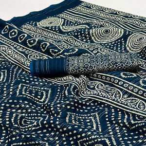 Blue Woven With Printed Linen Saree