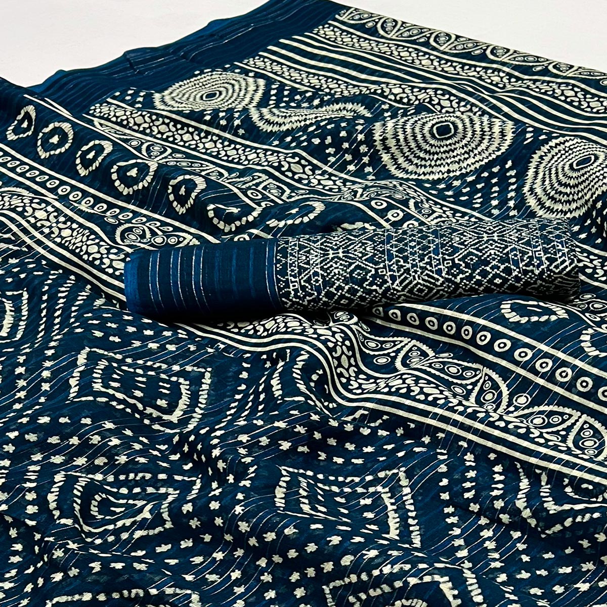 Blue Woven With Printed Linen Saree