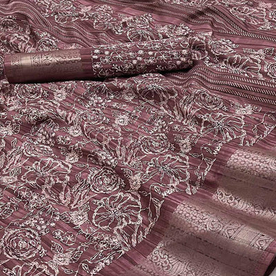 Brown Floral Printed Cotton Blend Saree