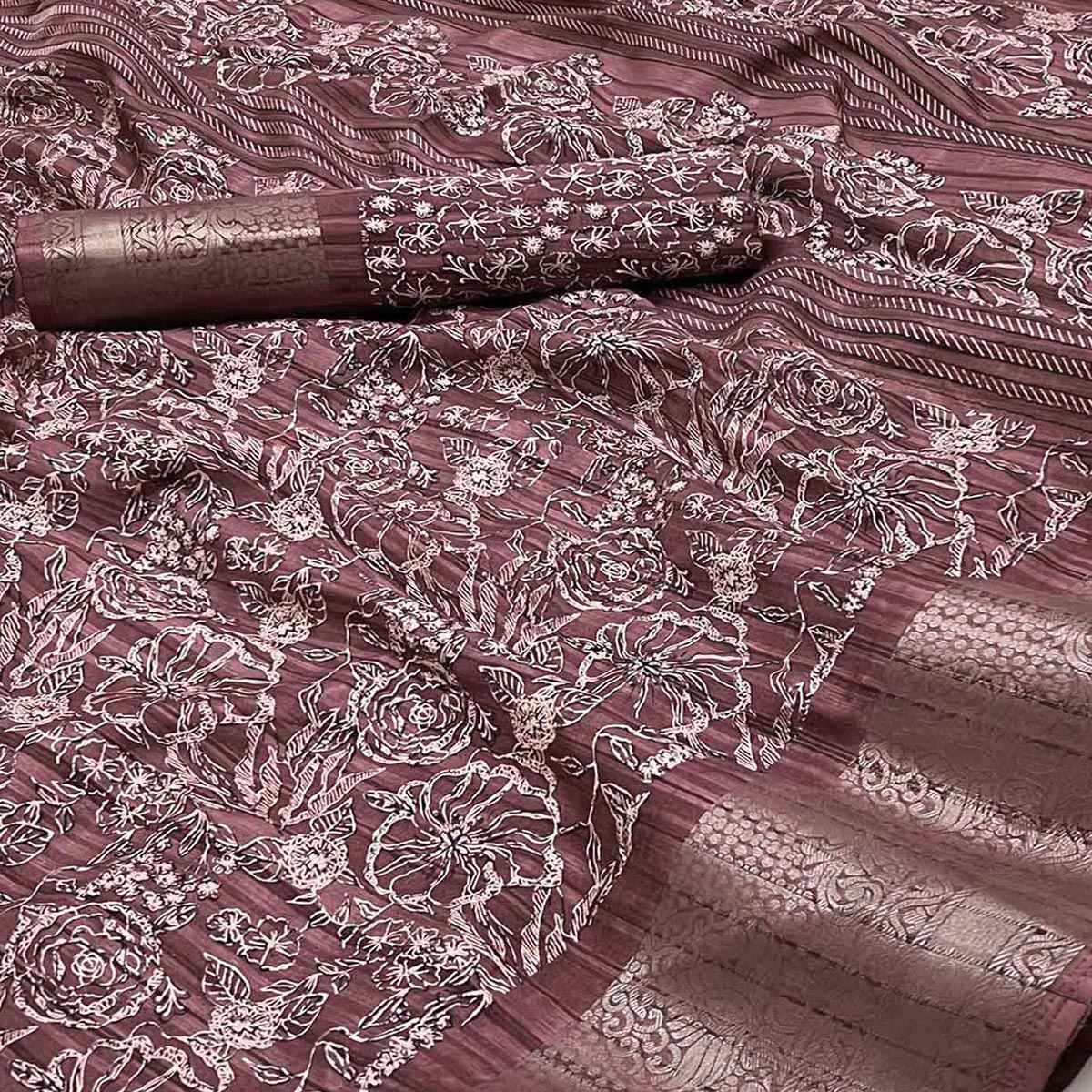 Brown Floral Printed Cotton Blend Saree