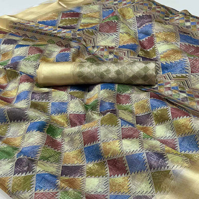 Cream Digital Printed Cotton Blend Saree