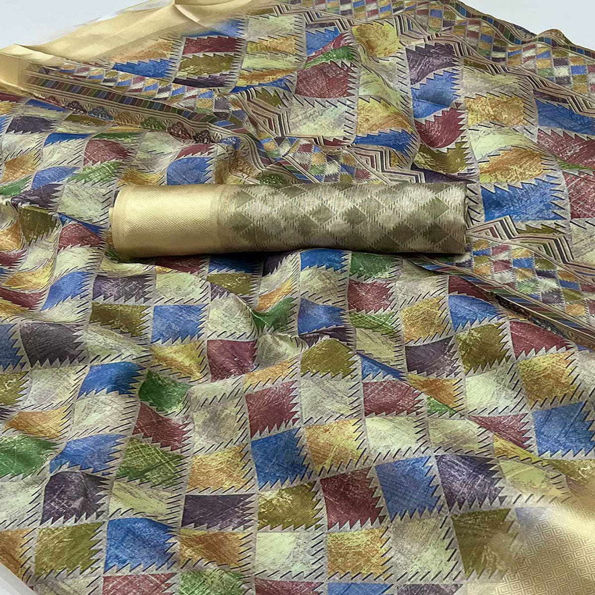 Cream Digital Printed Cotton Blend Saree