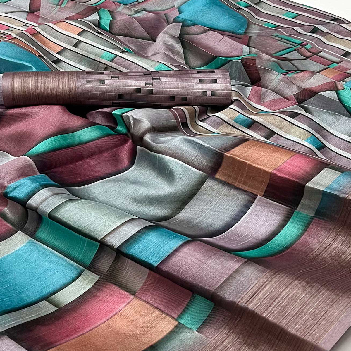 Brown Digital Printed Cotton Blend Saree With Fancy Border