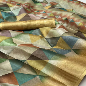 Lemon Yellow Digital Printed Cotton Blend Saree With Fancy Border