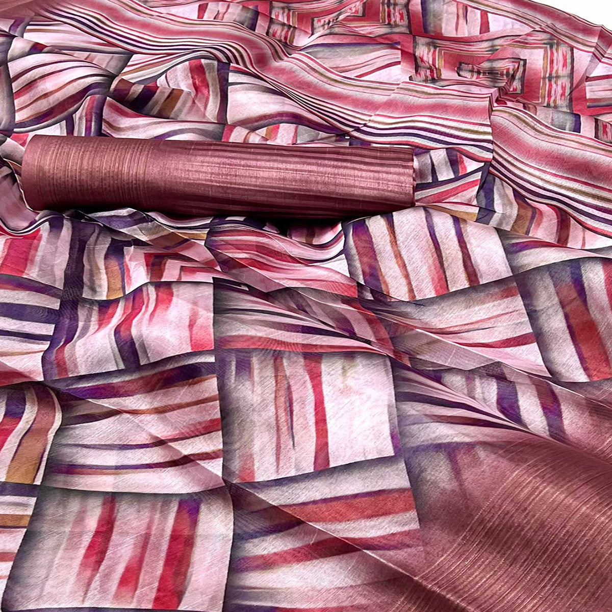 Brown Digital Printed Cotton Blend Saree With Fancy Border