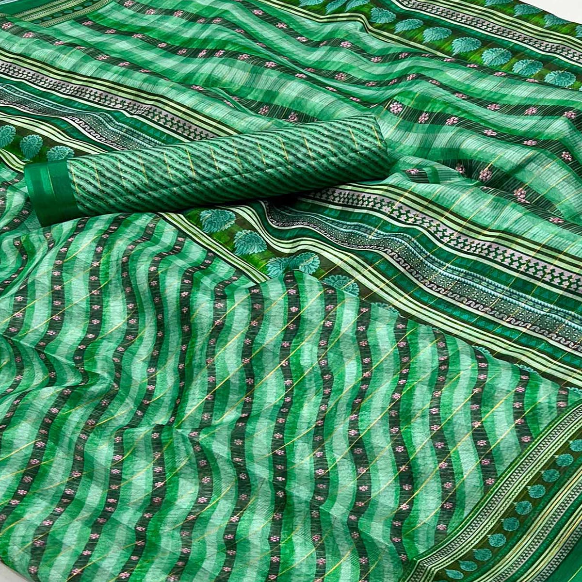 green-digital-printed-cotton-blend-saree-with-fancy-border
