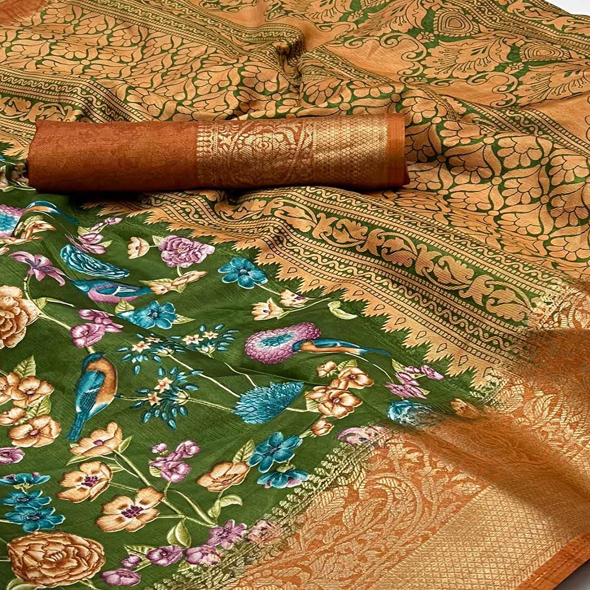green-floral-printed-dola-silk-saree-3