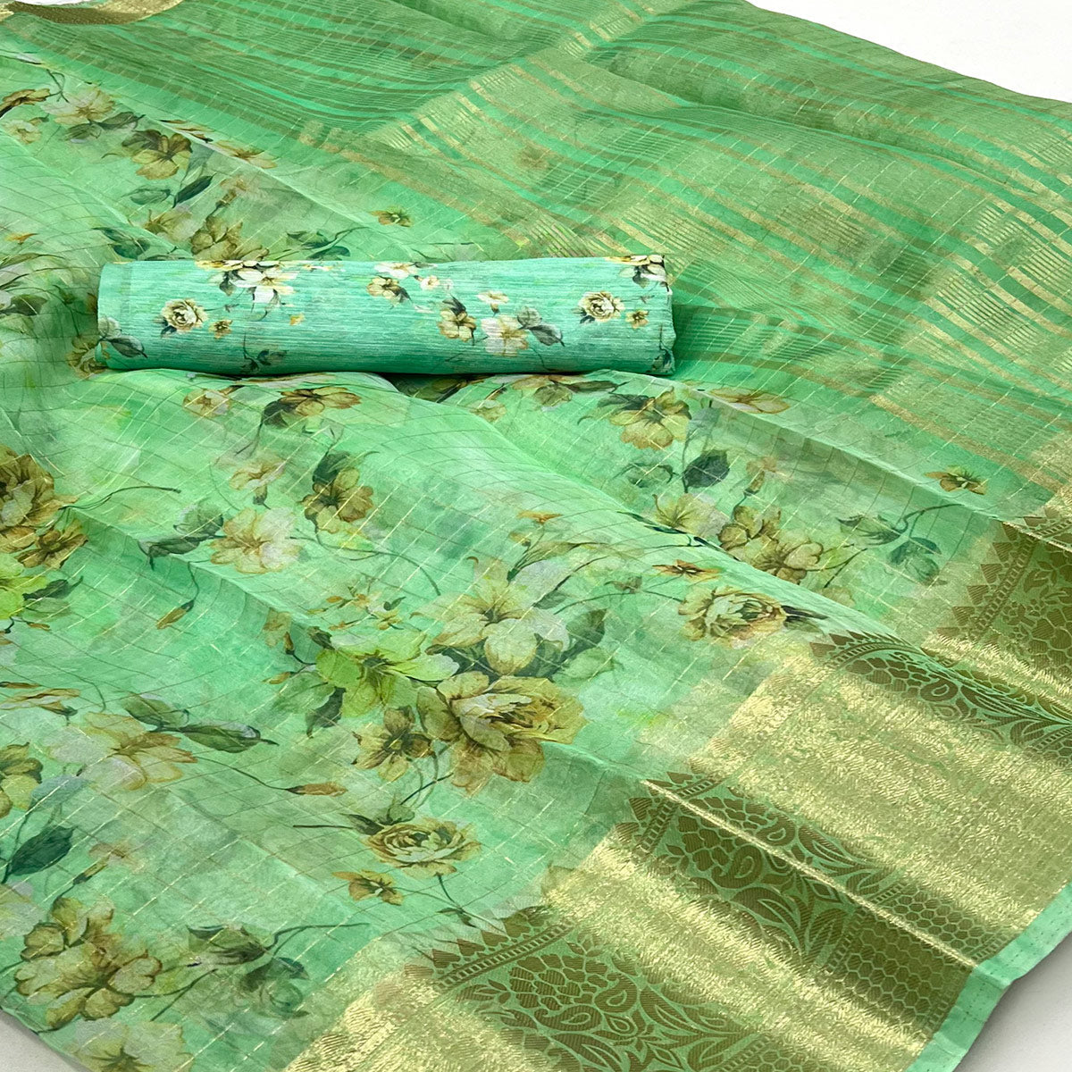 green-floral-digital-printed-with-woven-border-organza-saree