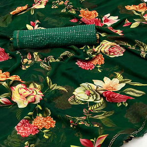 Bottle Green Floral Printed Georgette Saree
