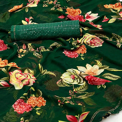 Bottle Green Floral Printed Georgette Saree