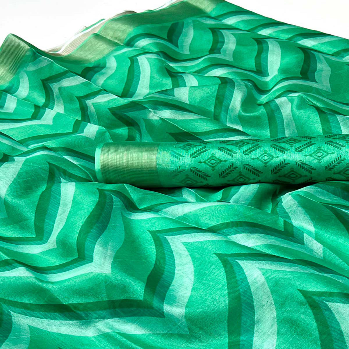 green-digital-printed-cotton-blend-saree-with-zari-border