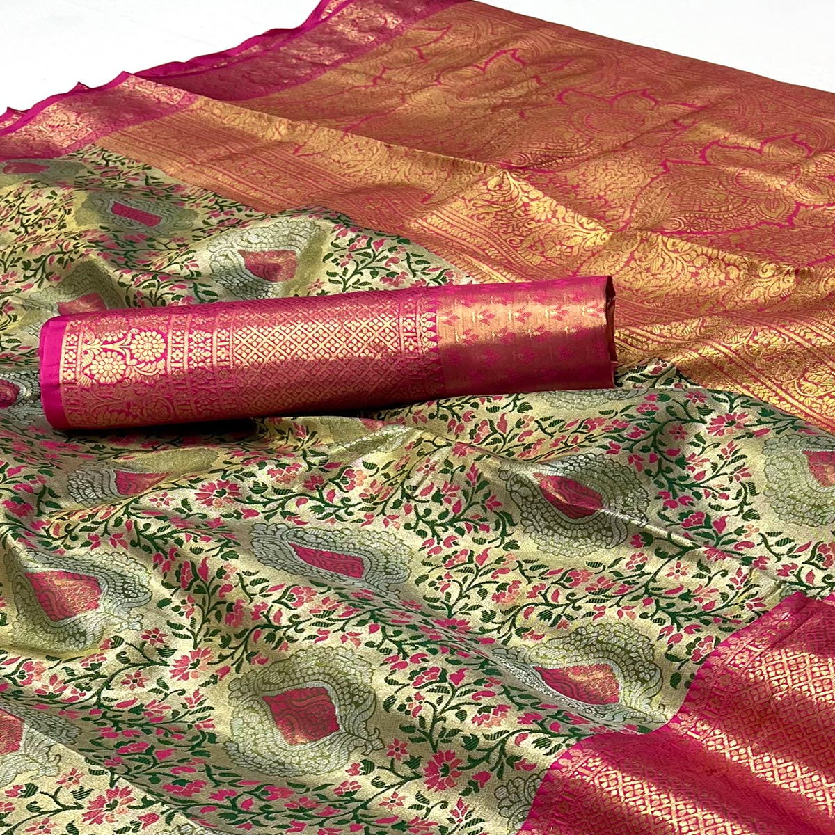 green-pink-floral-woven-kanjivaram-silk-saree