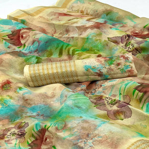 Cream Floral Digital Printed Cotton Blend Saree