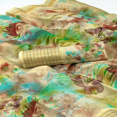 Cream Floral Digital Printed Cotton Blend Saree