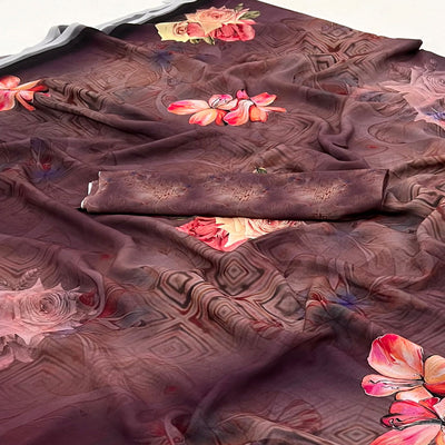 Brown Floral Digital Printed Georgette Saree