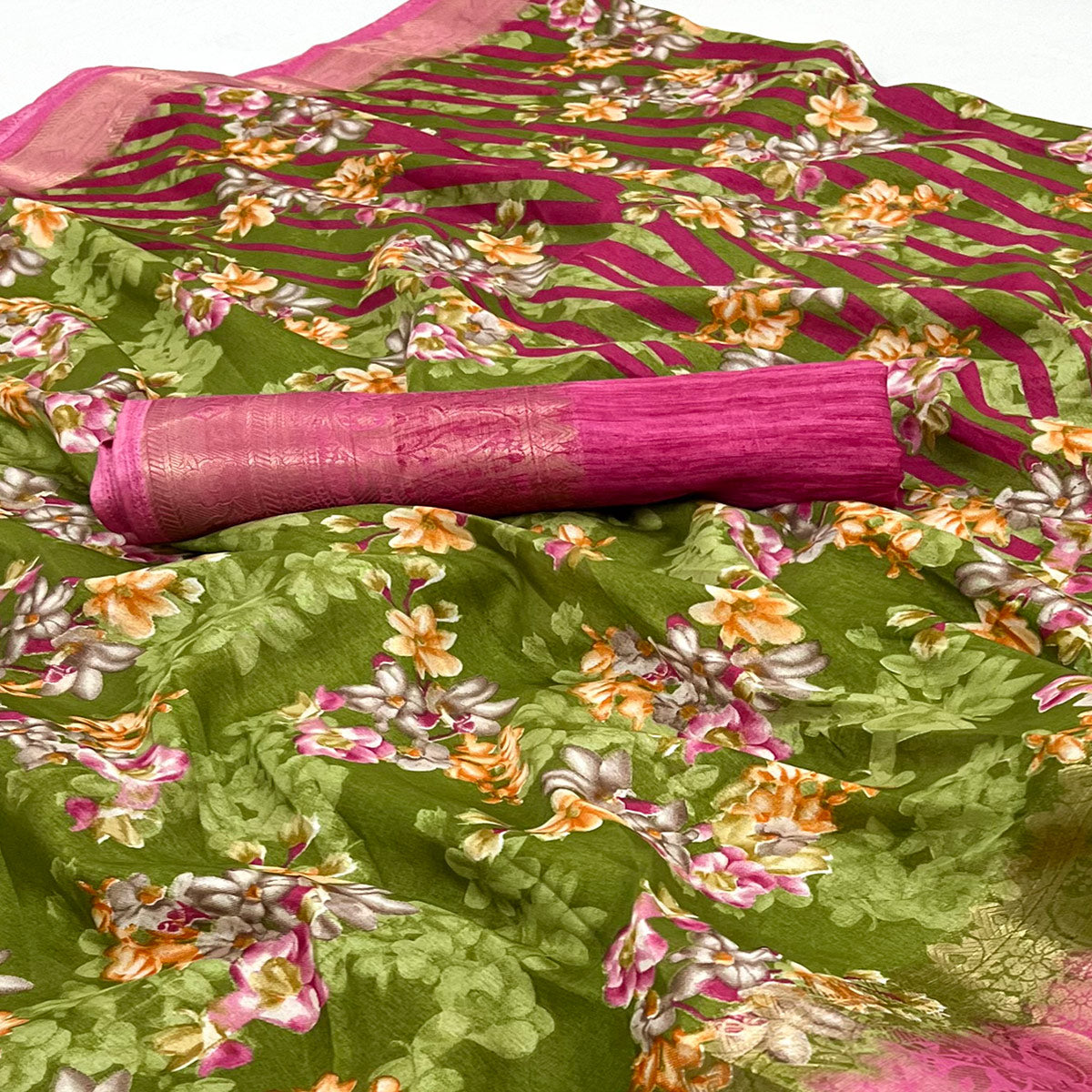 green-floral-printed-with-woven-border-dola-silk-saree-1