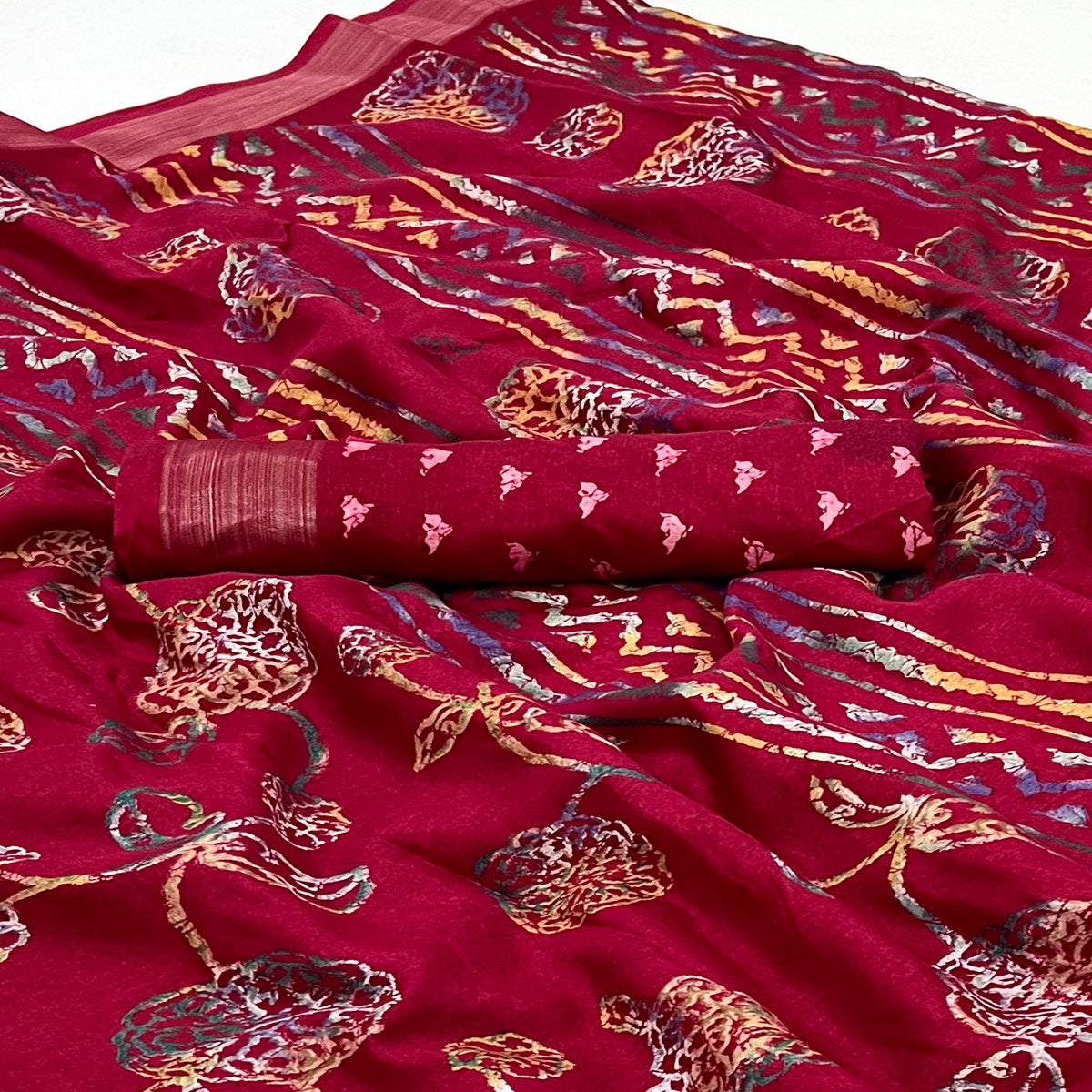 Maroon Floral Printed Dola Silk Saree